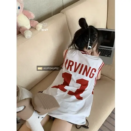 慵懒中长款无袖背心T恤夏季2023新款时尚宽松字母印花撞色上衣女图片