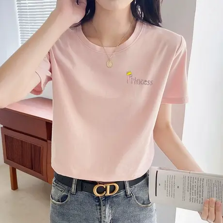 夏季内搭宽松上衣女2022年新款粉色百搭短袖t恤女装纯棉半袖ins潮商品大图
