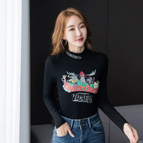 黑色半高领打底衫女春秋2022新款字母卡通长袖T恤修身紧身上衣潮商品大图