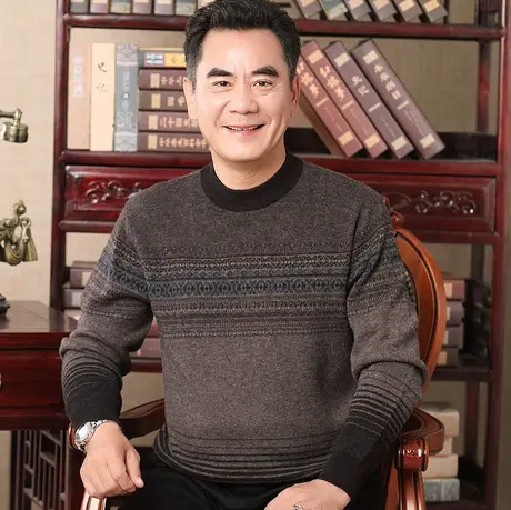 100%羊毛衫男士中年爸爸装毛衣加厚保暖冬季老年人圆领套头针织衫商品大图