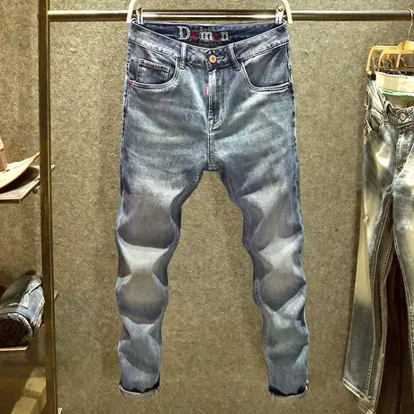 2023新款美版男士牛仔裤复古蓝小脚裤潮牌高端休闲百搭修身裤子男商品大图