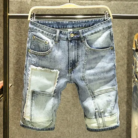 夏季拼接牛仔短裤男个性多口袋五分裤子潮流百搭磨毛设计男装中裤商品大图