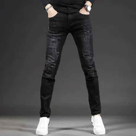 2022年新款秋季破洞牛仔裤男款修身小脚黑色高端潮流男士裤子潮牌商品大图