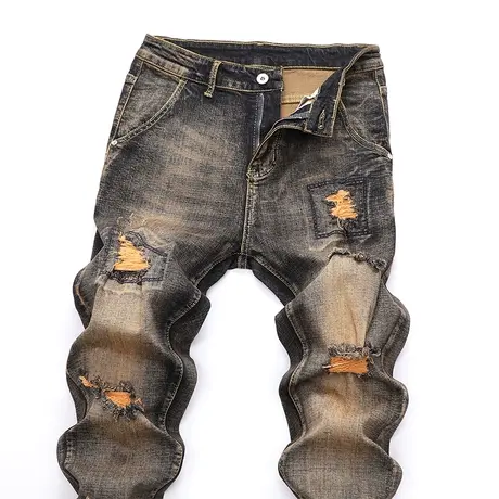 秋冬弹力牛仔裤男修身小脚破洞复古乞丐潮流裤子长裤男斜插口袋裤商品大图