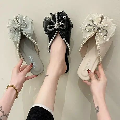 包头半拖鞋女夏季外穿2023年新款韩版蝴蝶结珍珠平底软底鱼嘴凉拖商品大图