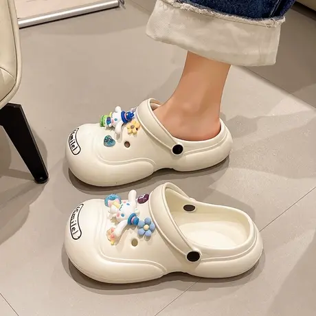 卡通大耳狗DIY洞洞鞋女夏季外穿可爱厚底两穿沙滩防滑包头凉拖鞋商品大图