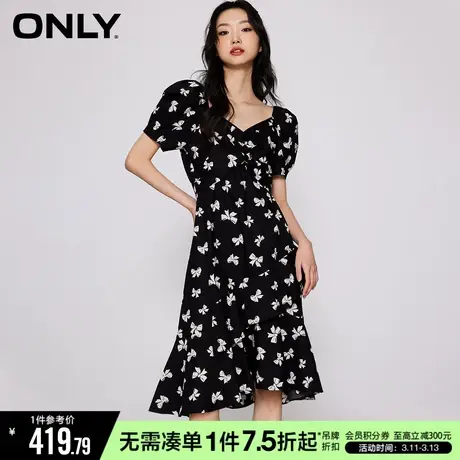 ONLY冬季法式茶歇收腰中长裙黑色碎花连衣裙女|123107072图片
