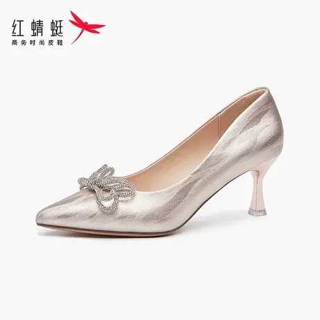 红蜻蜓女鞋春秋新款尖头低跟气质高跟鞋女主婚纱婚鞋新娘鞋不累脚商品大图