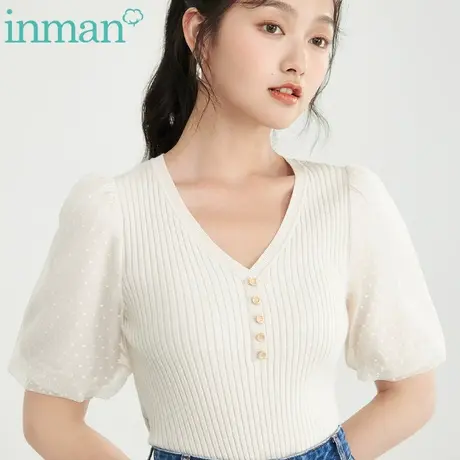 茵曼官方旗舰店针织衫打底衫女2022年早秋季新款V领泡泡袖上衣图片
