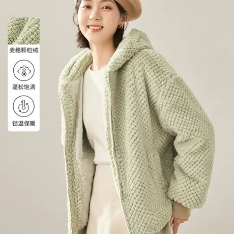 茵曼官方旗舰店女装毛绒保暖软糯休闲连帽外套2023年冬季新款上衣商品大图