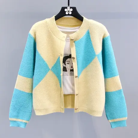 小香风撞色菱格毛衣外套女秋冬2023新款宽松高级感洋气针织开衫图片