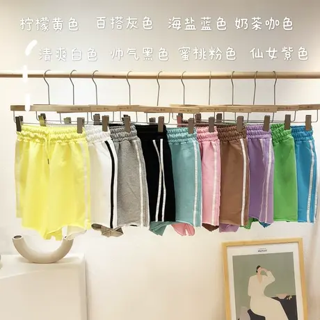 2022夏款短裤韩国东大门ins潮运动休闲高腰阔腿裤毛圈棉纯色大码商品大图