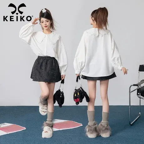 KEIKO 镂空勾花蕾丝领白衬衫女2023秋冬法式温柔风叠穿长袖上衣商品大图