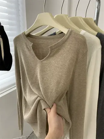 羊毛衫2023秋装气质新款显瘦百搭V领纯色针织毛衣长袖打底衫上衣商品大图