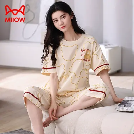 猫人睡衣女夏季新款短袖纯棉薄款圆领套装可外穿睡裤家居服套装女图片