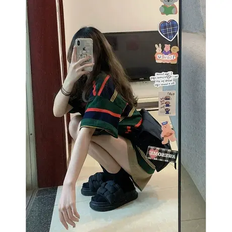 美式复古条纹正肩短袖t恤女夏季设计感小众别致宽松显瘦休闲上衣图片