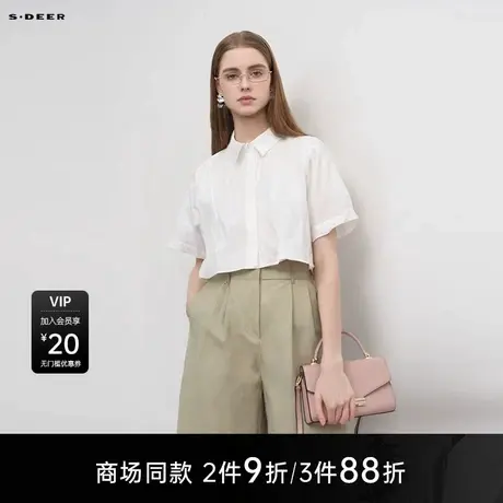 【商场同款】sdeer圣迪奥女装OL风翻领抽褶宽松短袖衬衫S25280410图片