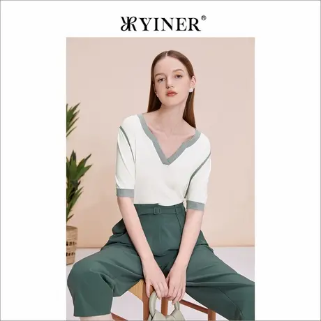 YINER音儿女装夏季莱赛尔针织衫含桑蚕丝小V领上衣图片