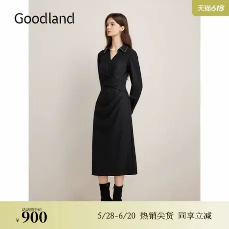 Goodland美地女装2024冬季新款美丽诺羊毛职场衬衫连衣裙图片