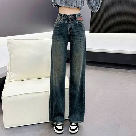 丽洁女裤阔腿裤女秋冬款复古蓝直筒牛仔裤2025春季新款高腰长裤子图片