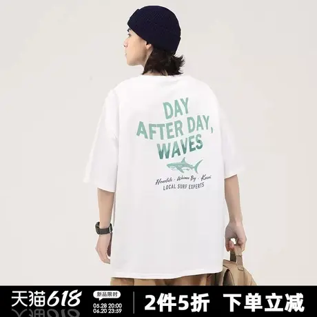 港式高街纯棉冲浪鲨鱼字母印花重磅纯棉短袖t恤男生潮流圆领半袖商品大图