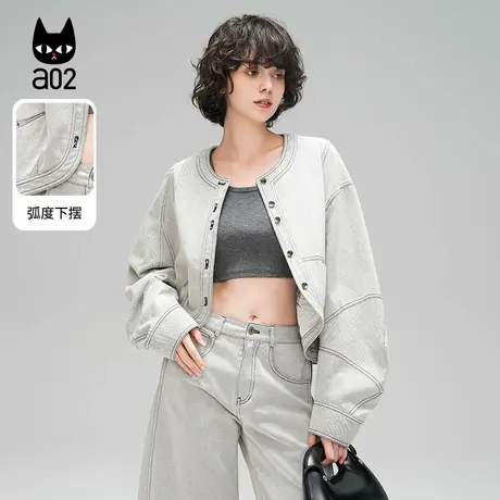 a02[ET自然系列]牛仔外套女2025春新款圆领复古休闲短款夹克上衣图片