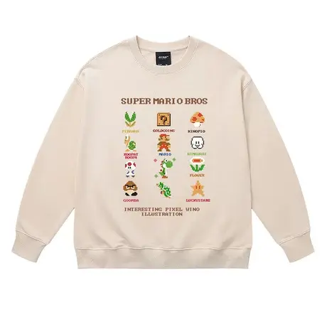 马里奥像素卫衣男秋冬米白色圆领外套2023年新款美式复古宽松上衣商品大图