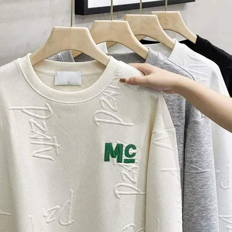 肌理感日系重磅圆领卫衣男秋季无帽字母刺绣上衣宽松套头打底衫男商品大图