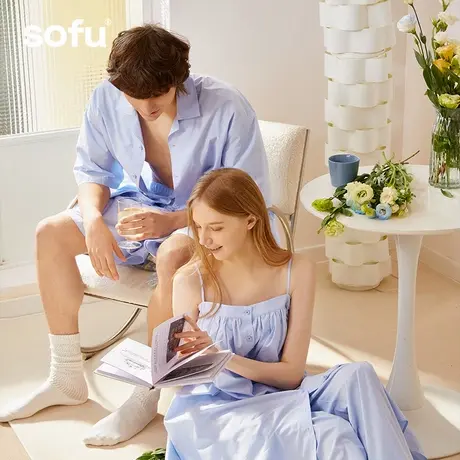 sofu纯棉情侣睡衣女春秋短袖短裤家居服套装100%全棉可外穿居家服商品大图