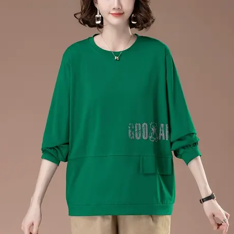 中年妈妈春秋季长袖打底衫女宽松显瘦加大码女装休闲纯棉T恤上衣商品大图