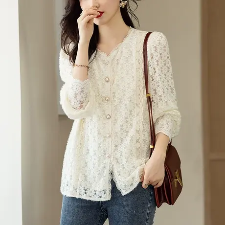 长袖蕾丝衫女春秋季宽松加大码女装中年妈妈休闲遮肚显瘦镂空衬衣商品大图
