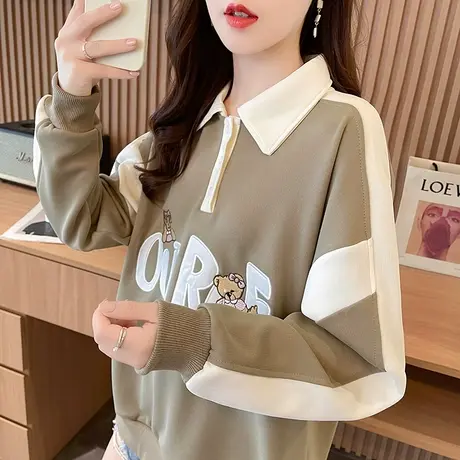 早秋娃娃领卫衣女春秋韩版宽松薄款小个子撞色polo领刺绣上衣外套商品大图