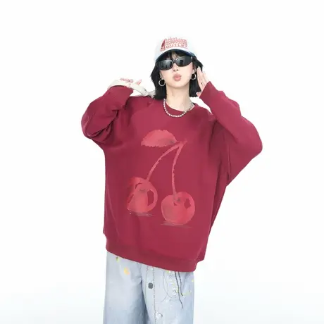 可爱樱桃印花圆领卫衣女2025早秋新款ins街头宽松情侣款套头上衣图片