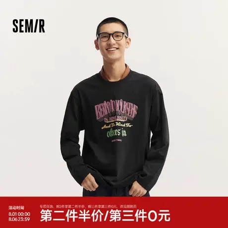森马长袖T恤男2024秋季新款美式学院风情侣装复古印花宽松上衣潮图片