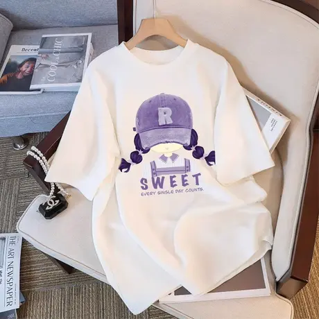 宽松短袖t恤女夏季2025新款纯棉白色半袖设计感胖MM初中学生上衣商品大图