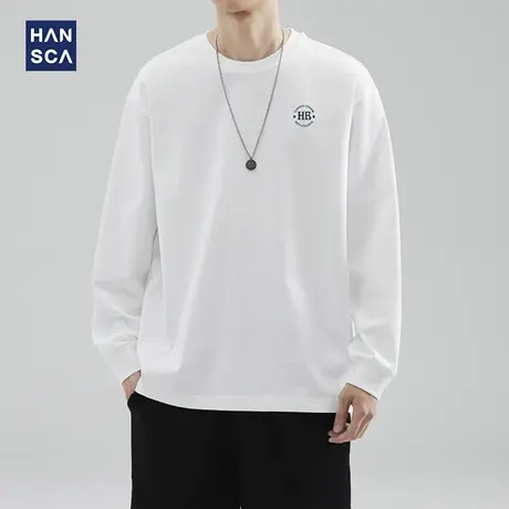 hansca 305g高密精梳棉白色长袖t恤男春秋季宽松圆领印花内搭上衣商品大图
