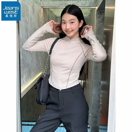 KHV真维斯半开衫打底衫女立领2025秋新款修身薄绒内搭上衣长袖t恤商品大图