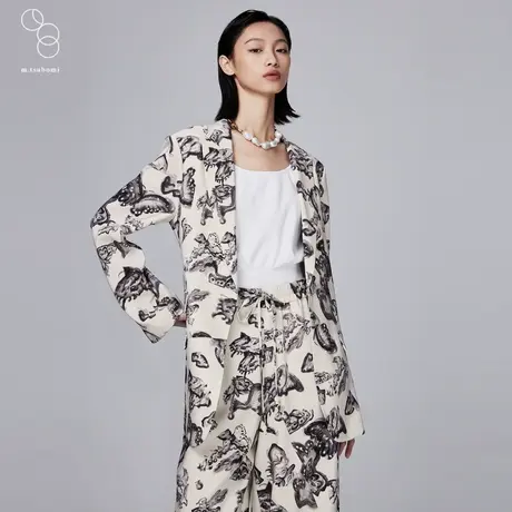 子苞米水墨蝴蝶印花西装外套女23夏新款宽松廓形休闲气质收腰西服图片