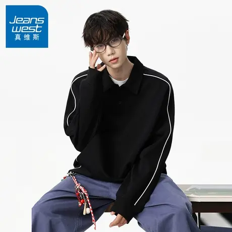N5真维斯男士卫衣2025新款秋季美式宽松翻领拼接套头男生春秋上衣商品大图