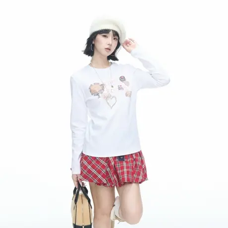 美式复古创意印花短款正肩圆领长袖T恤女秋季新款修身显瘦上衣商品大图