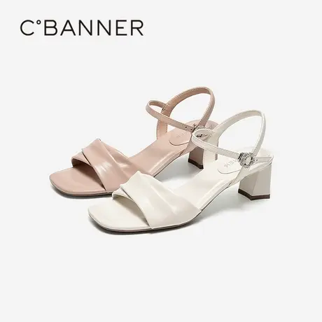 千百度粗高跟一字带凉鞋女2026夏季新款羊皮露趾通勤绝美时装凉鞋图片