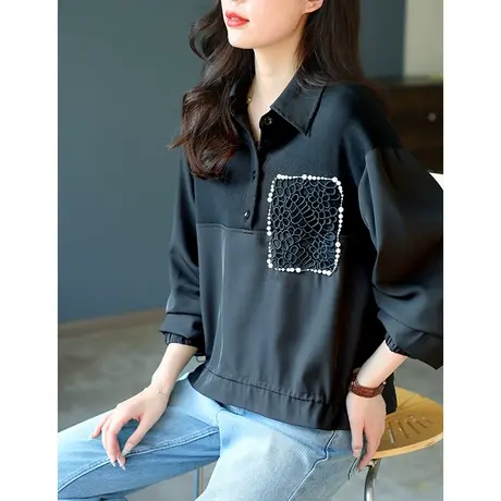 宝诗黎秋季针织拼接钉珠长袖女士衬衫2023新款洋气小衫显瘦短上衣图片
