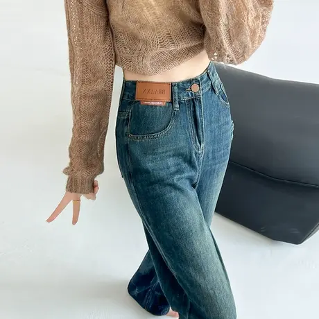 美式复古深色直筒牛仔裤女2023春秋新款宽松百搭阔腿长拖地裤显瘦商品大图