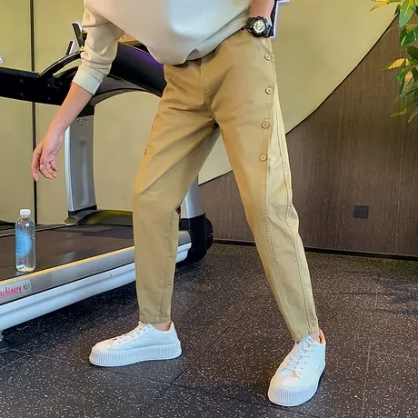 秋冬季新款重磅潮牌工装裤男个性排扣哈伦直筒长裤小脚纯色休闲裤商品大图