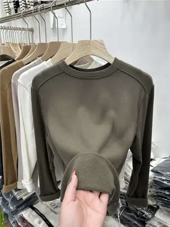 欧货加薄绒磨毛长袖T恤女2023秋冬新款纯色洋气内搭打底衫上衣厚商品大图