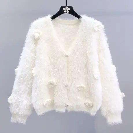 小香风立体花朵水貂绒毛衣外套女秋冬2023新款宽松减龄针织开衫商品大图