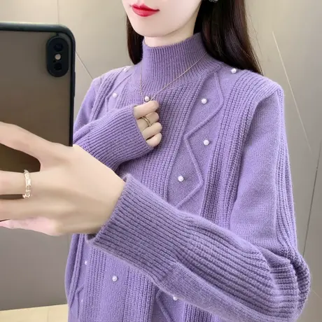 冬季2023年新款女士加厚半高领毛衣女宽松钉珠秋冬内搭打底衫洋气商品大图