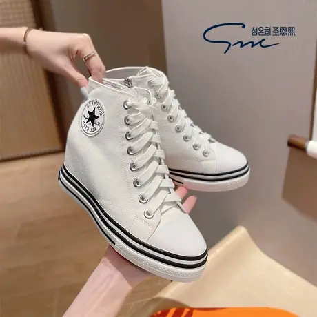 圣恩熙 经典帆布鞋女2023新款高帮内增高女鞋学院风 系带坡跟单鞋图片
