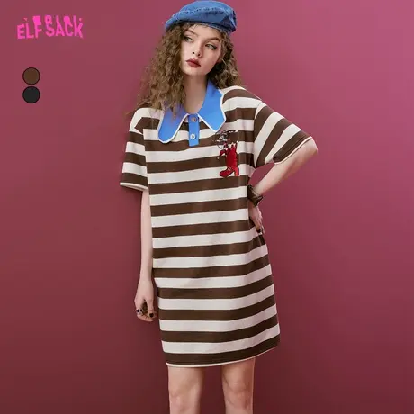 妖精的口袋条纹polo连衣裙女2023夏季新款t恤裙复古宽松休闲裙子商品大图