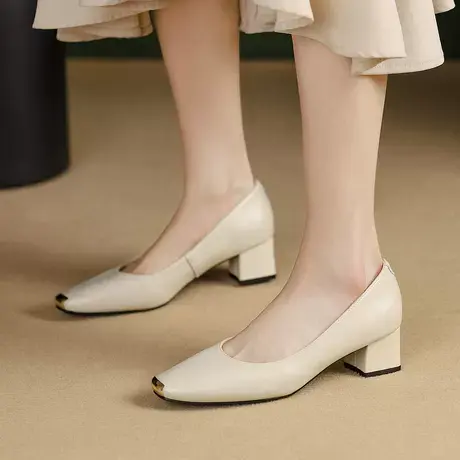 Safiya/索菲娅二层牛皮单鞋女2023新款粗跟浅口皮鞋女乐福鞋女鞋图片